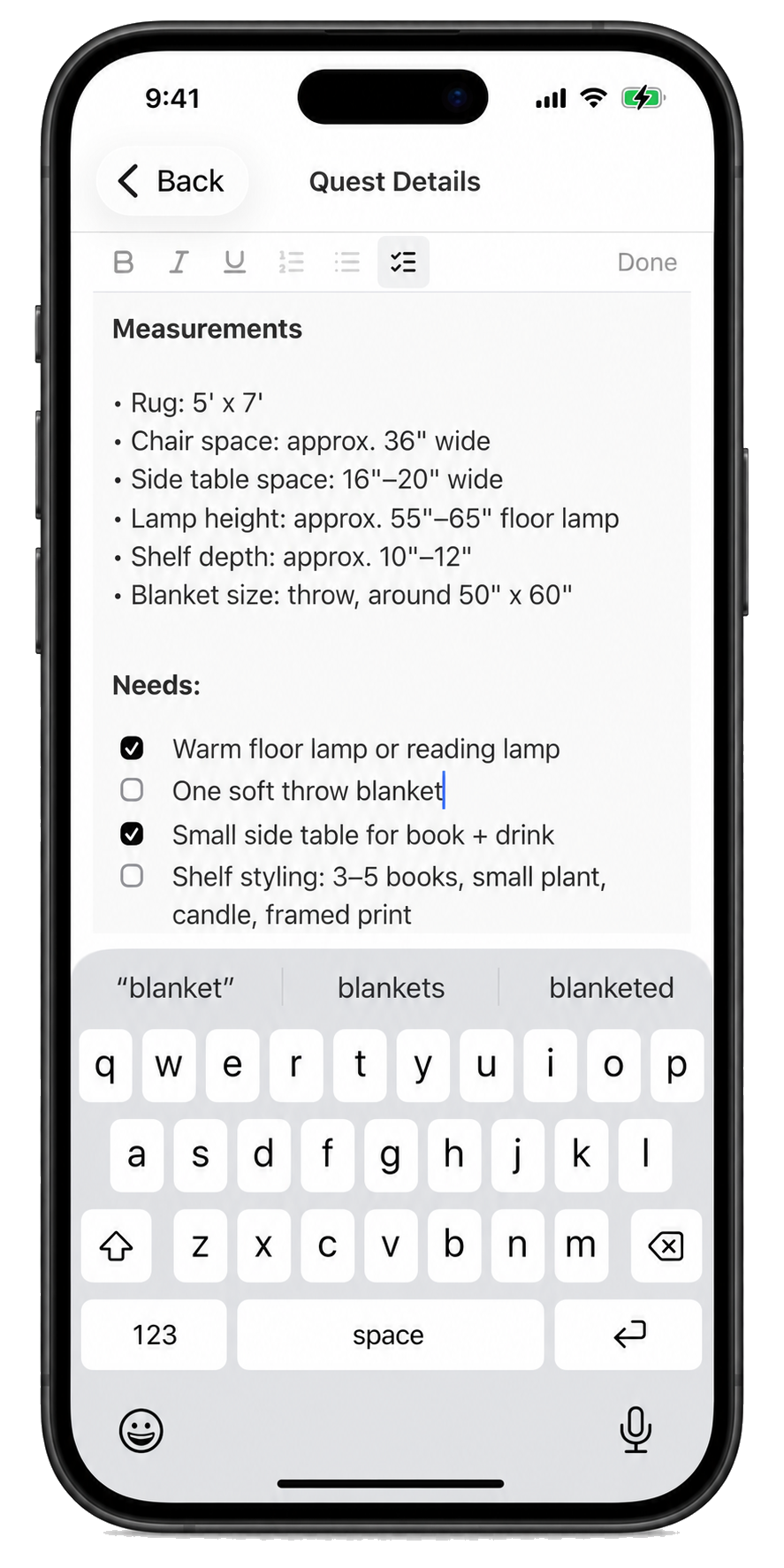 Rich notes with lists and checkboxes