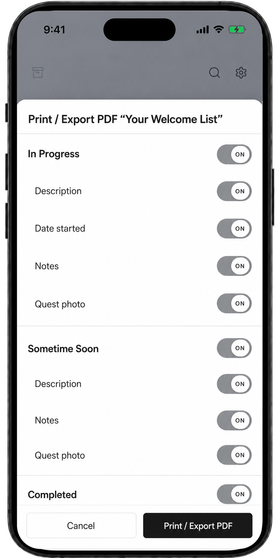 Print and PDF export options