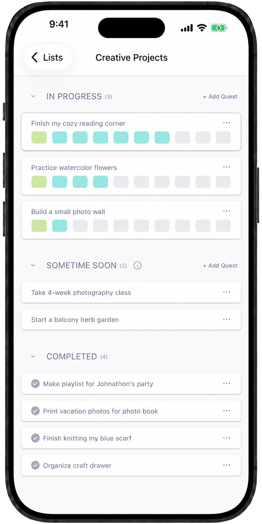 Bloom Tracker Creative Projects Quest list